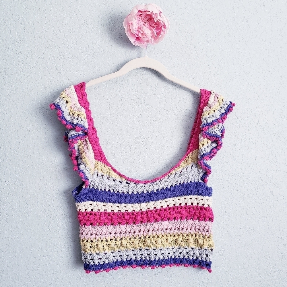 Zara Multicolor Crochet Ruffle Sleeve Crop Top
